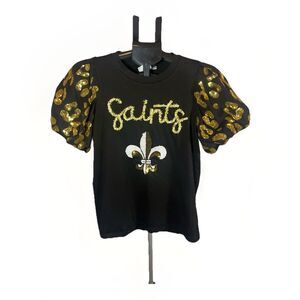 Sash Boutique Louisiana Saints Sequin Top XS Black Gold Fleur-de-Lis Puff Sleeve